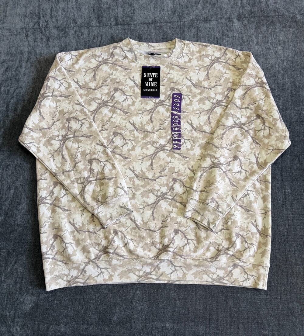 NWT State of Mine Camo Crew Neck Fleece Sweatshirt Men's 2XL White Long Sleeve